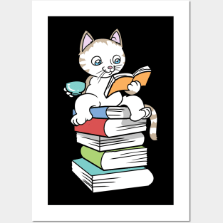 Kawaii Book Cat Tea Coffee Posters and Art